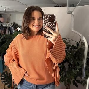 Rebecca Taylor Pointelle Quilt Pullover Sweater Terra Orange Size XL